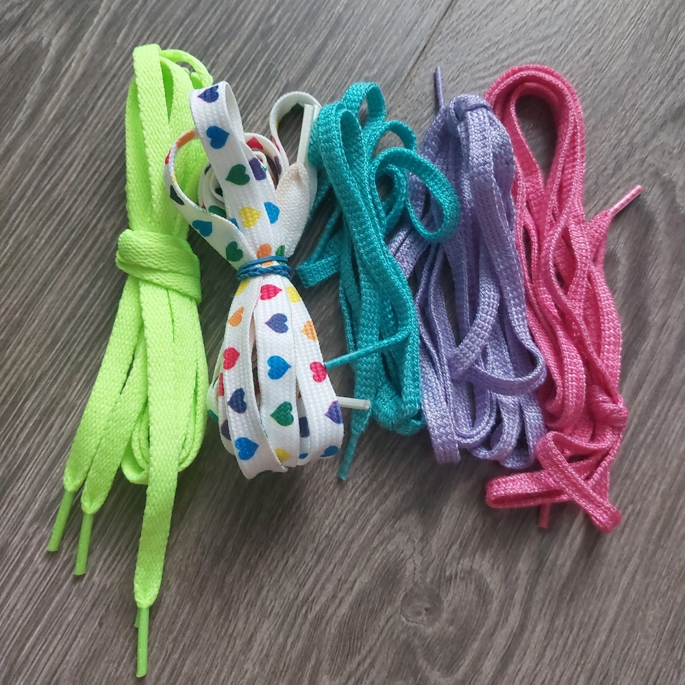 Vintage 80s 5 Sets Shoelace Bundle Neon Yellow Rainbow Hearts Pink Lavender Blue